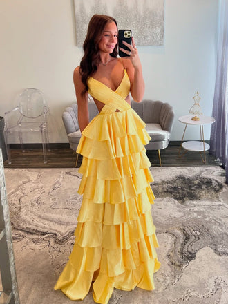 Yellow Spaghetti Straps V-neck A-line Long Prom Dresses, FC7039