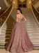 Gorgeous Off Shoulder Rose Gold Sparkle Long Prom Dresses, DB105