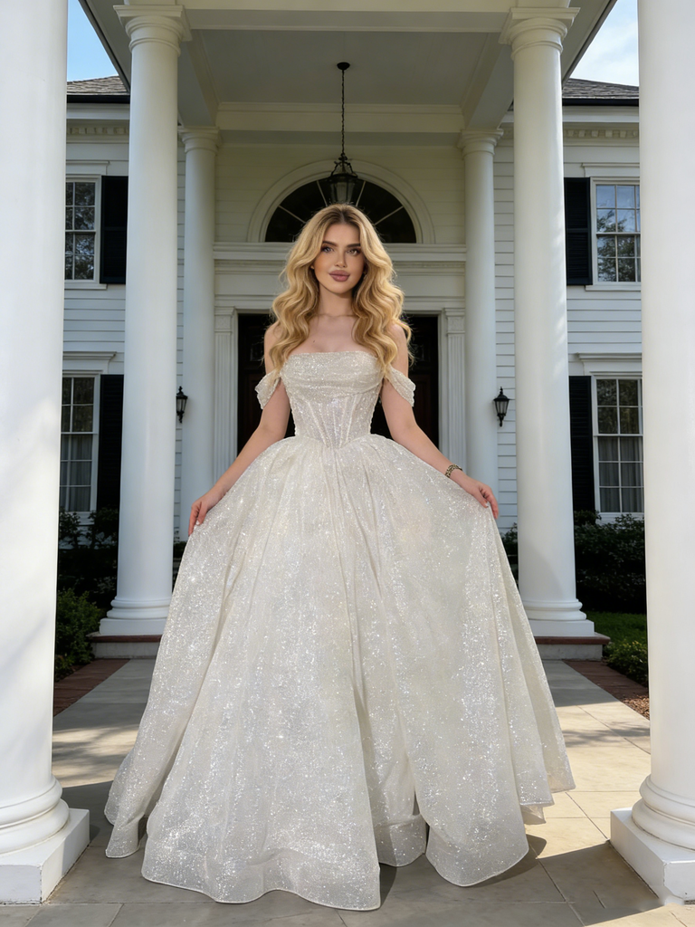 New Sparkle A-line Off Shoulder White Backless Prom Dresses, DB107