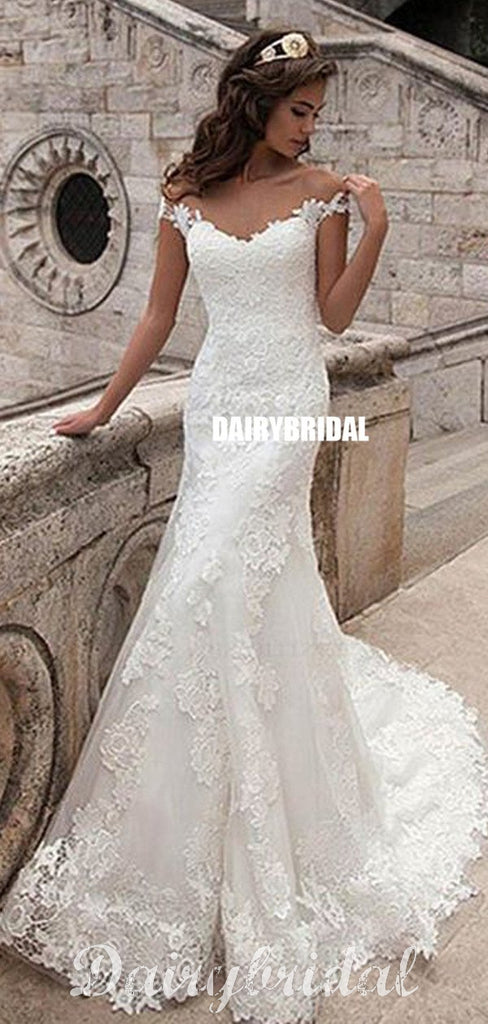 Charming Off Shoulder Sexy Mermaid White Lace Bridal Gown, Wedding Dresses, WD0058