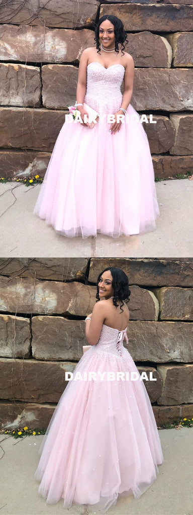 Sweetheart A-Line Beaded Pink Backless Tulle Sleeveless Prom Dresses, D1061