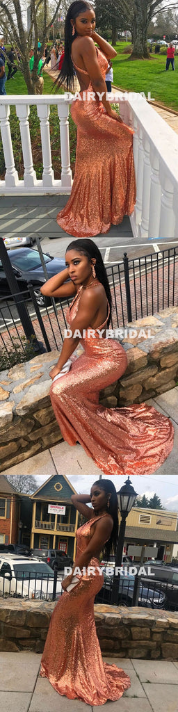 Sparkle Orange Sequin Mermaid Sexy Backless V-Neck Prom Dress, D1064