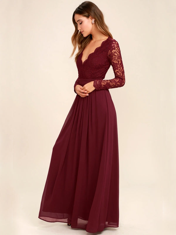 Inexpensive Long Sleeve Burgundy V-Neck Lace Opren-Back Bridesmaid Dresses, D1082