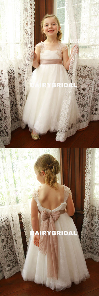 Cap Sleeve Lace Tulle Flower Girl Dresses, Popular Little Girl Dresses with Tulle Belt, D1150