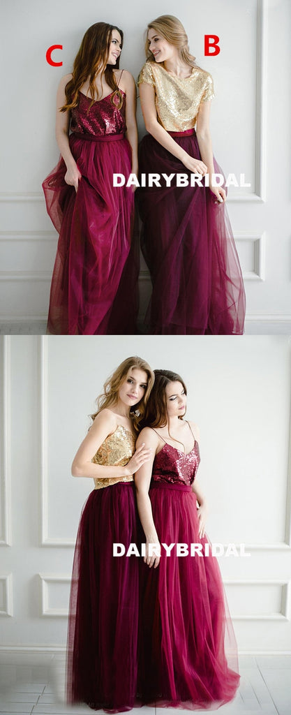 Newest Sequin Top A-Line Two Pieces Tulle Mismatched Bridesmaid Dresses, D1181