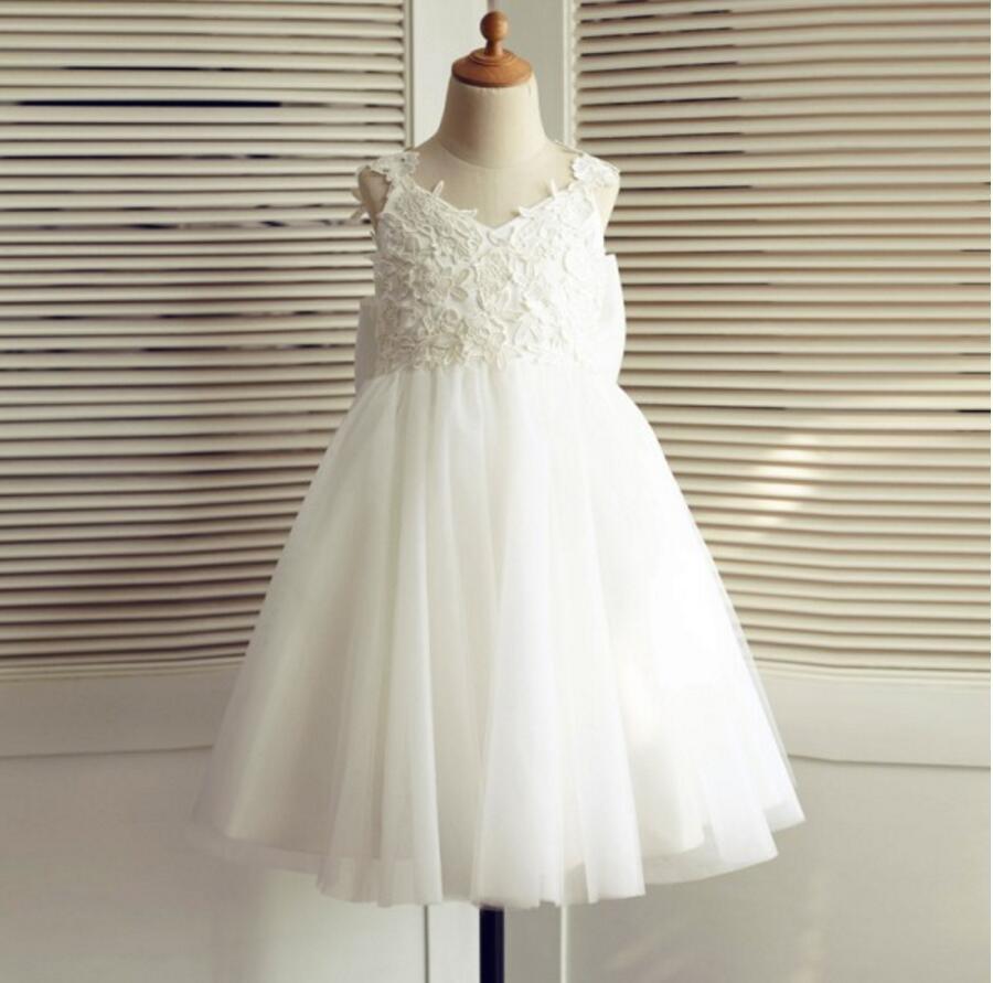 V-Neck Tulle Lace Bowknot Sash Backless Flower Girl Dresses, Lovely Tutu Dresses, FGS012