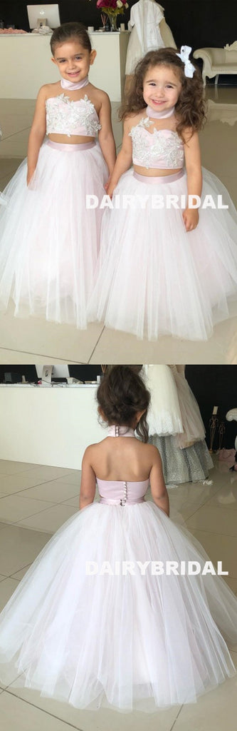 Halter Two Pieces Tulle Flower Girl Dresses, Applique Lovely Little Girl Dresses,  D1355