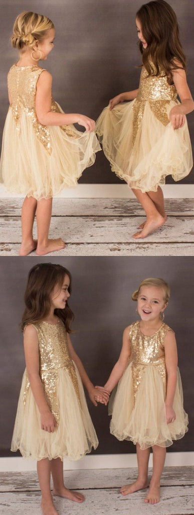 Gold Sequin A-Line Tulle Flower Girl Dresses, Lovely Little Girl Dresses, FC1357