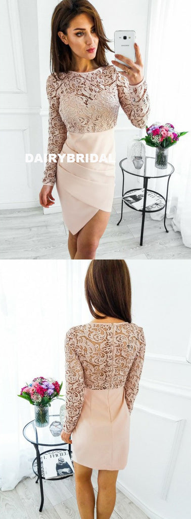 Long Sleeve Lace Top Homecoming Dress, Sheath Knee-Length Homecoming Dress, D1392