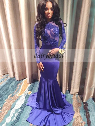 Long Sleeve Tulle Applique Prom Dress, Mermaid Satin Sexy Open-Back Prom Dress, D142