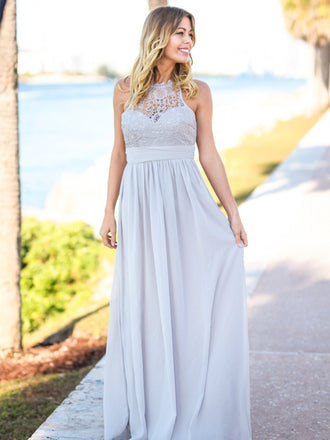 Lace Bridesmaid Dress, Chiffon Bridesmaid Dress, Open-Back Bridesmaid Dress, Floor-Length Bridesmaid Dress, Cheap Bridesmaid Dress, D147