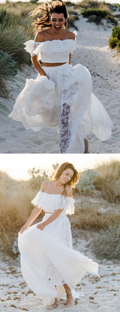 Charming Off Shoulder Chiffon A-Line Two Pieces Lace Wedding Dresses, FC1708