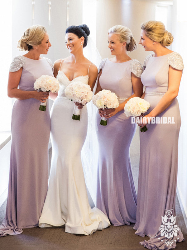 Cap Sleeve Sheath Beaded Backless Jersey Long Bridesmaid Dresses, FC1753