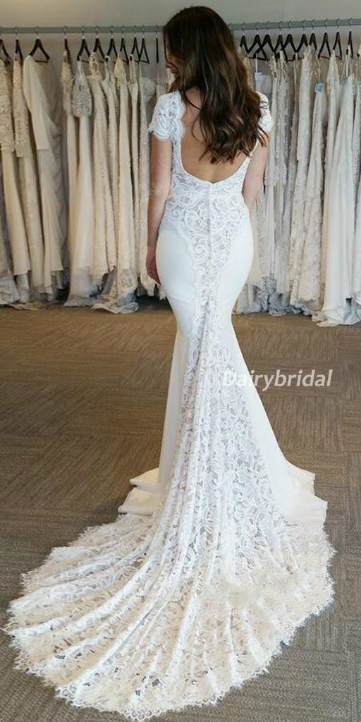 Sexy Mermaid Lace Short Sleeve Backless Wedding Dresses, FC1842