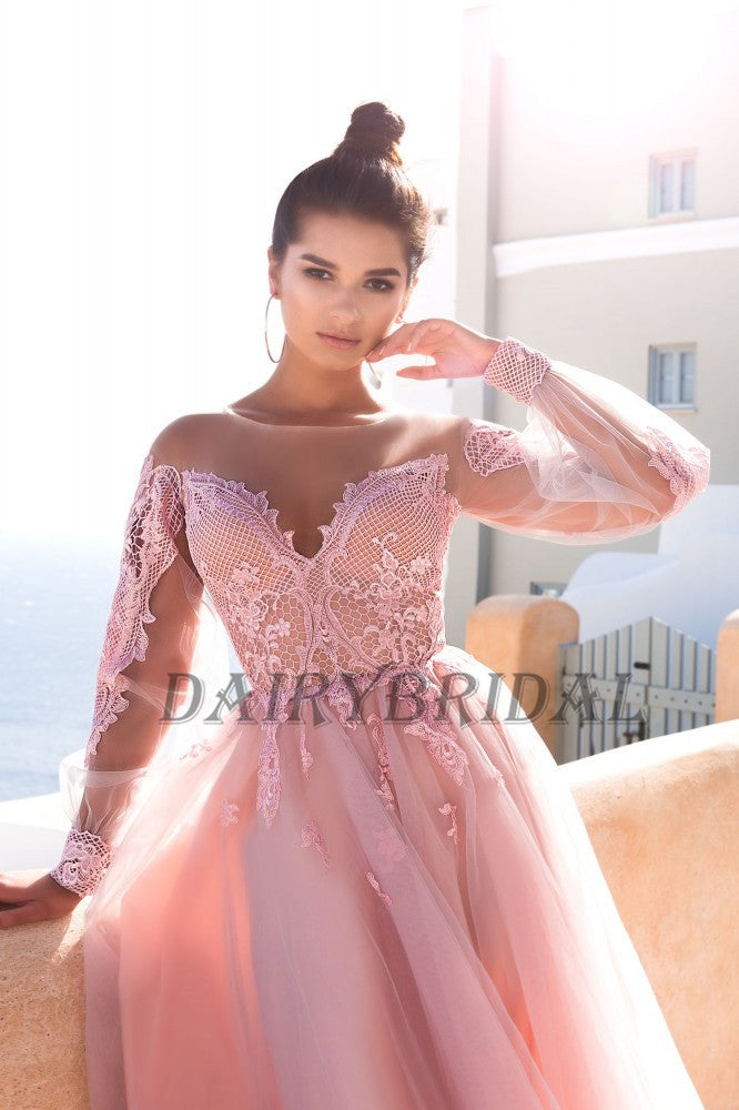 Long Sleeve Tulle Prom Dress, Pink A-Line Lace Prom Dress, Elegant Applique Prom Dress, D18