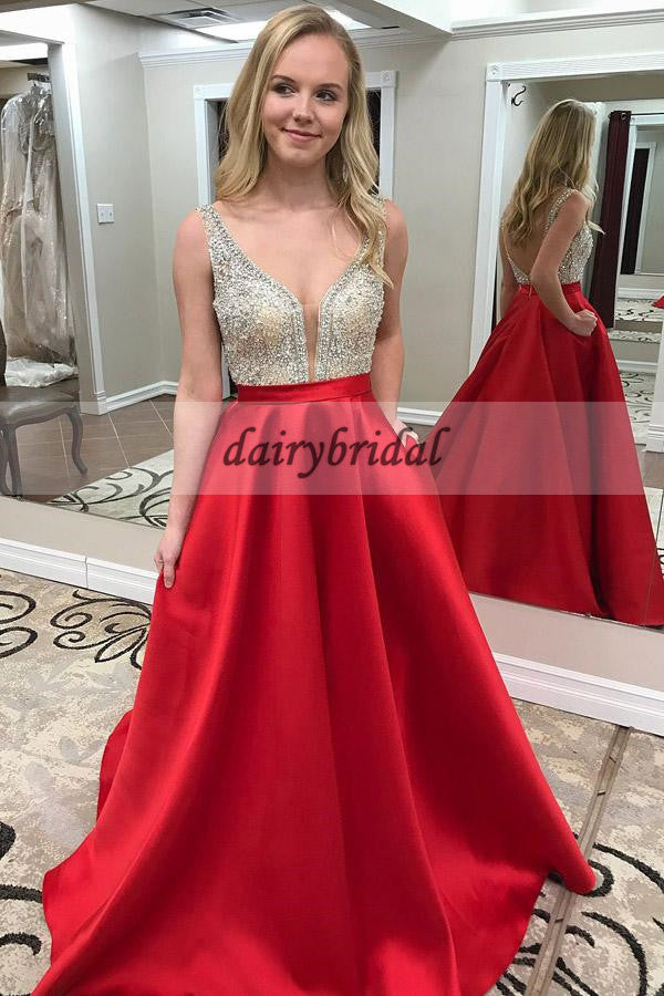 A-Line Satin Backless Prom Dress, Red Beaded Sleeveless Prom Dress, D212