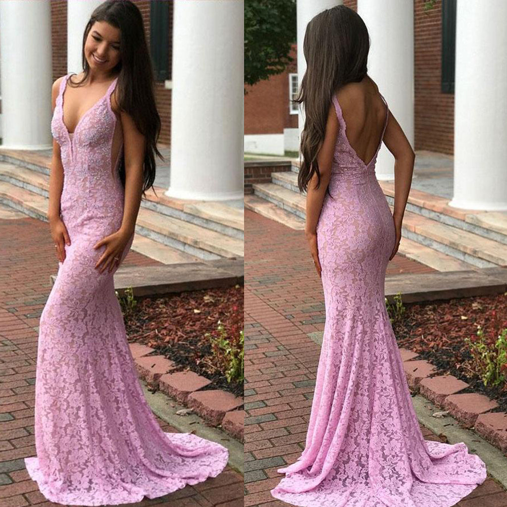 Sexy Backless Lace  Prom Dress, Pink Mermaid Beaded Prom Dress, D216