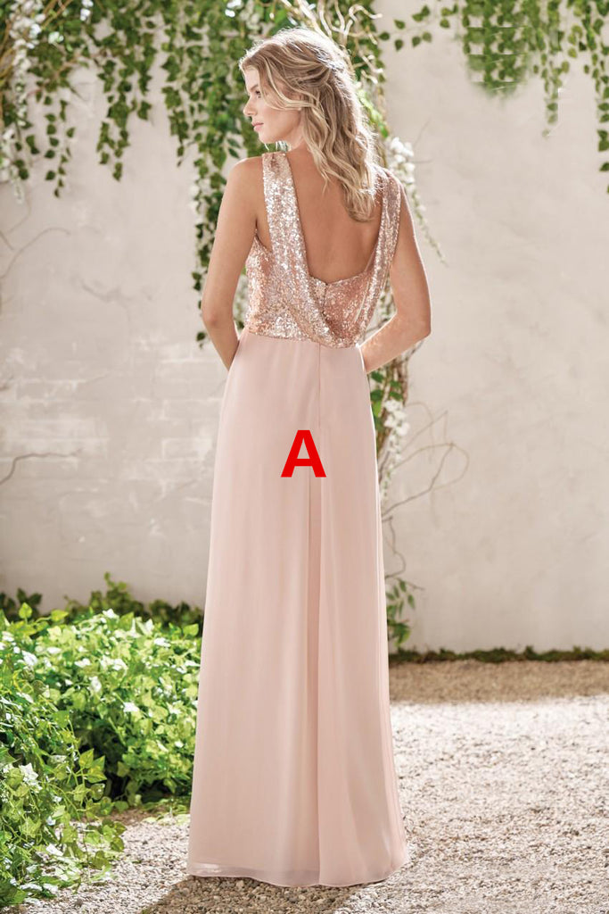 Mismatched Sequin Top Bridesmaid Dress, Chiffon Floor-Length Bridesmaid Dress, D220