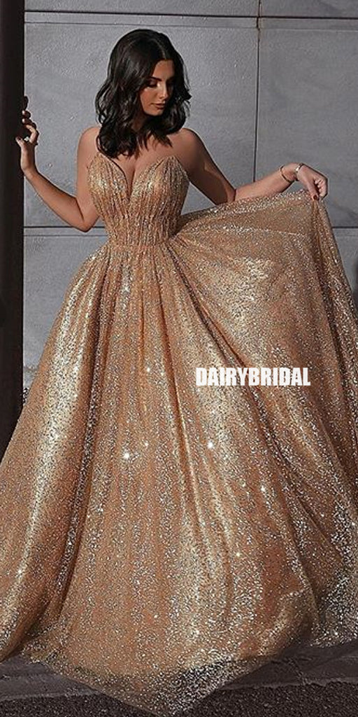 Sparkly A-Line Backless Gold Spaghetti Straps Long Prom Dresses, FC2351