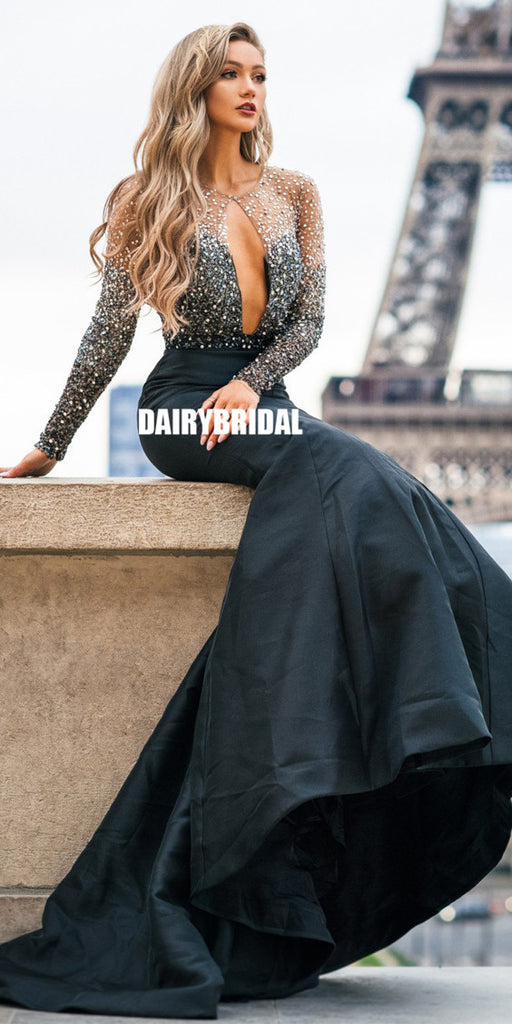 Black Satin Long Sleeve Beaded Mermaid Backless Prom Dresses, FC2362