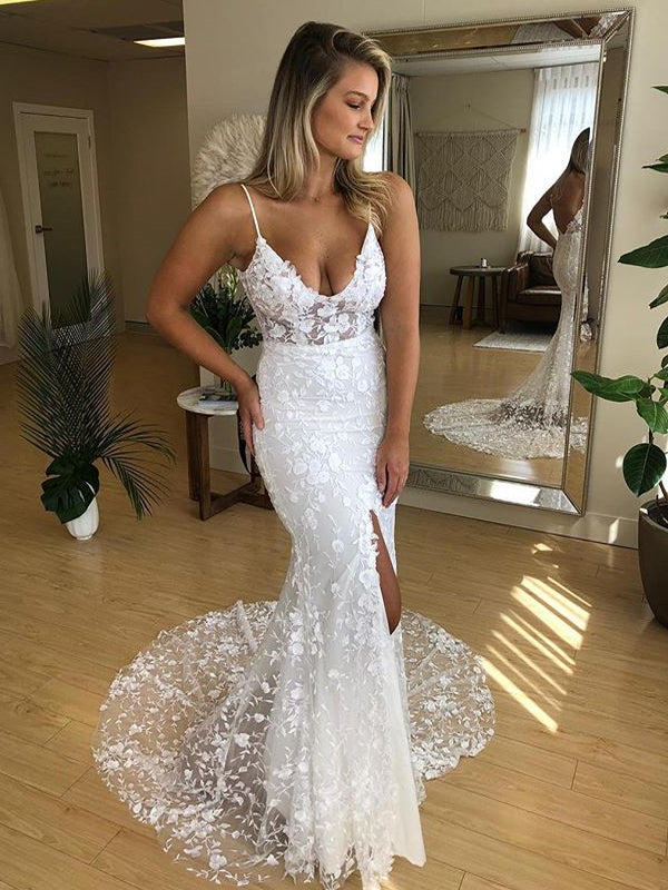 Spaghetti Straps Mermaid Sexy Backless Slit Lace Wedding Dress, FC2380