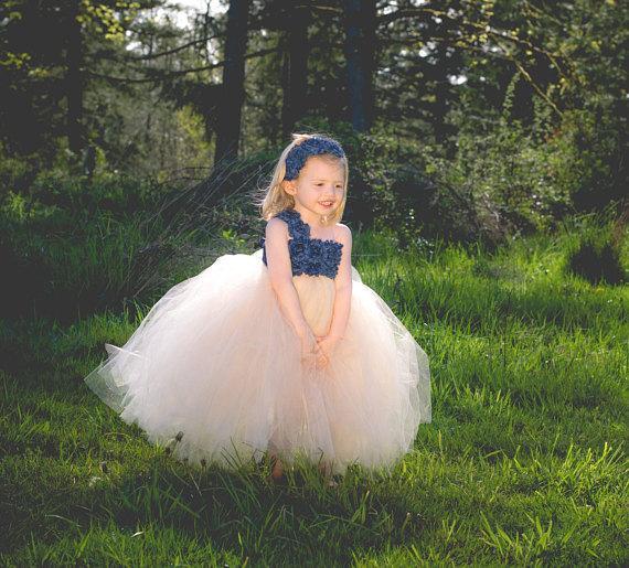 One Shoulder Blue flower Top Tulle Flower Girl Dresses, Lovely Tutu Dresses,  FG036