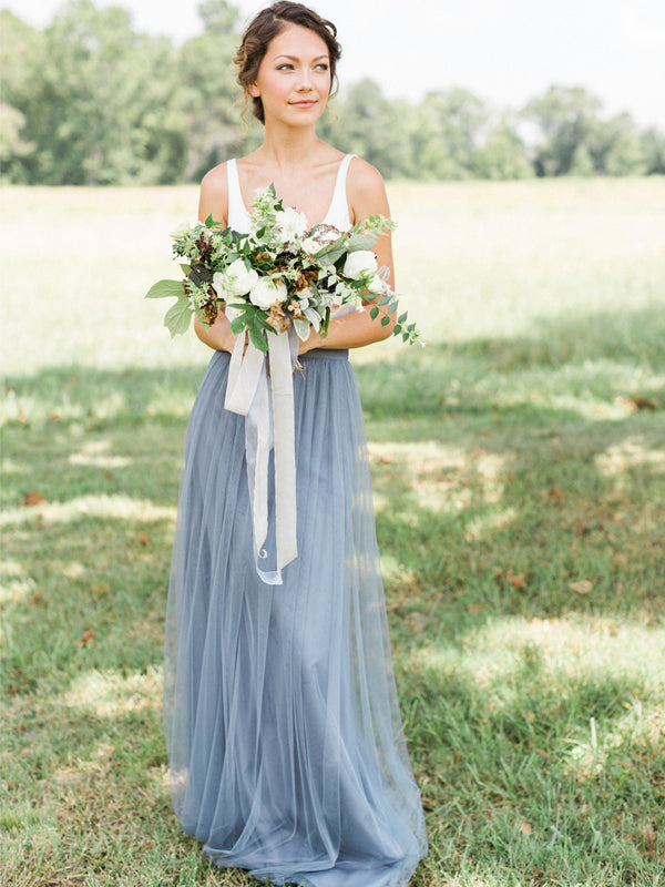 Two Pieces Tulle A-line Simple Designed Jersey Sleeveless Bridesmaid Dress, FC2509