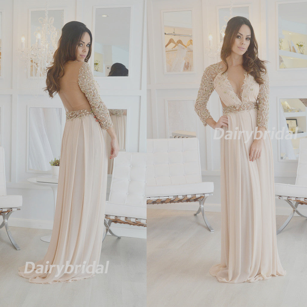 Beaded Party Dresses, Long Sleeve Prom Dress, Chiffon Prom Dress, See Through Prom Dress, D25