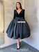 Black A-line Long Sleeves Satin V-neck Velvet Homecoming Dress, FC2627