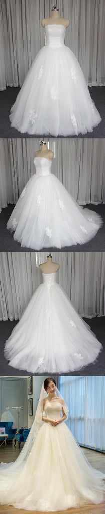 Gorgeous Strapless A line Custom Affordable Lace Wedding Bridal Dresses, WD0093