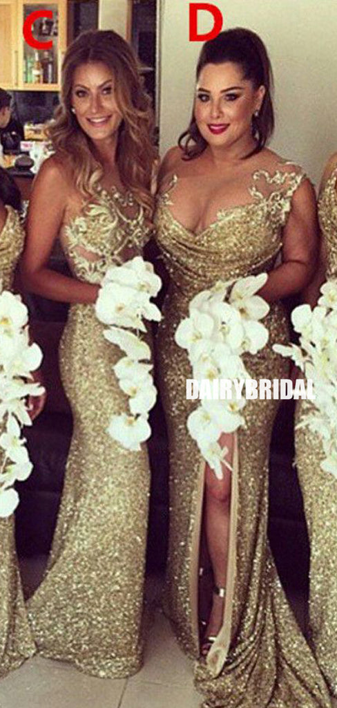 Sexy Mismatched Sequin Mermaid Bridesmaid Dress, Most Popular Slit Bridesmaid Dress, D325