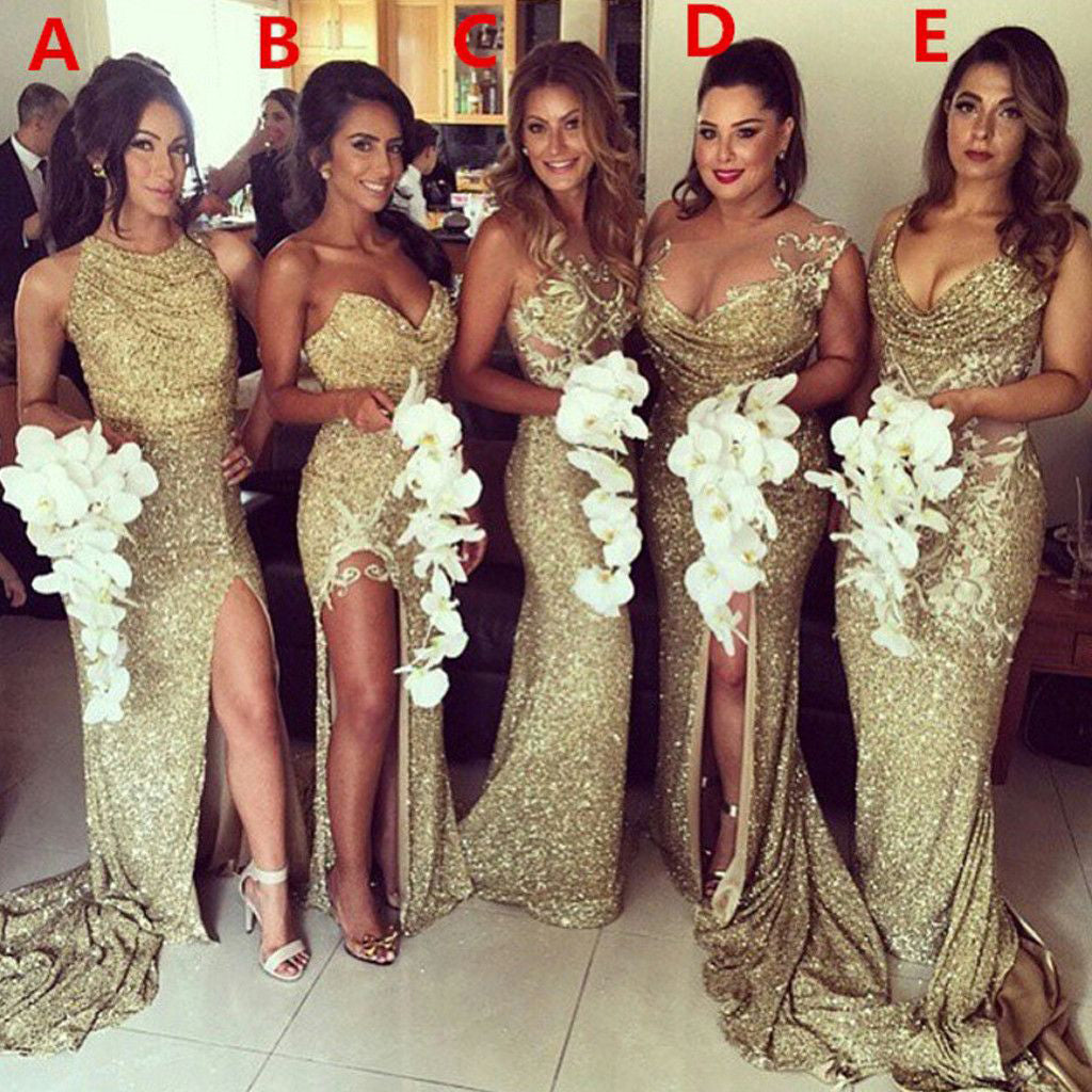 Sexy Mismatched Sequin Mermaid Bridesmaid Dress, Most Popular Slit Bridesmaid Dress, D325