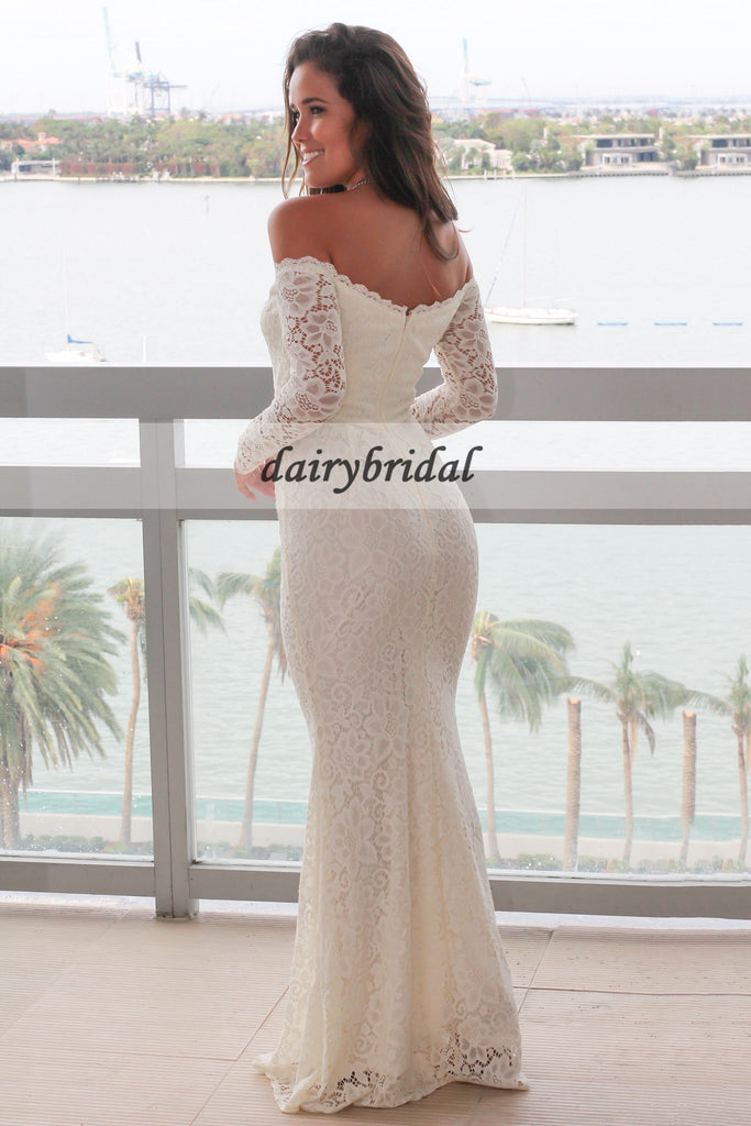 Off the Shoulder Lace Prom Dress, Charming Mermaid Long Sleeve Prom Dress, D341