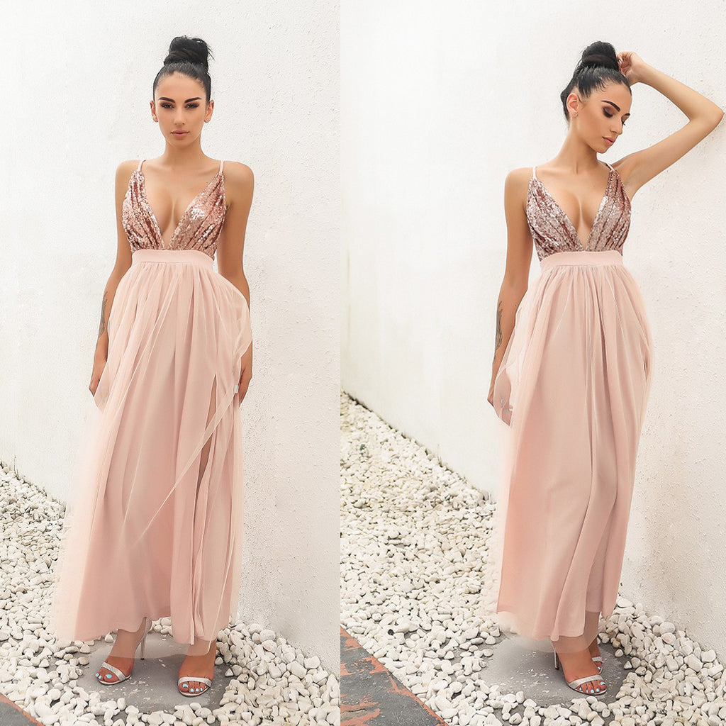 Deep V-Neck Tulle Prom Dress, Sequin Top Prom Dress, Slit Prom Dress, D347