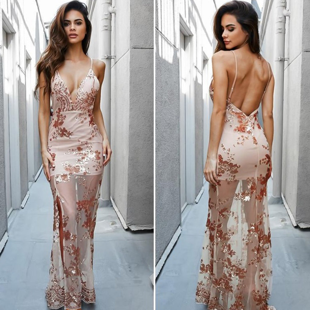 Sexy Deep V-Neck Prom Dress, Backless Lace Prom Dress, Side Split Prom Dress, D349