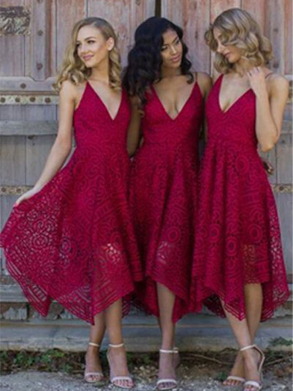 Spaghetti Straps V-Neck Bridesmaid Dress, Red Lace Bridesmaid Dress, D351