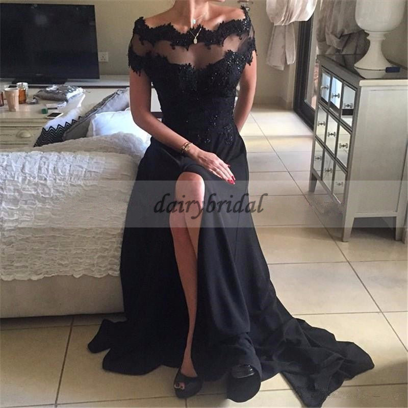 Off Shoulder Lace Prom Dress, Jersey Beaded Prom Dress, Slit Prom Dress, D379