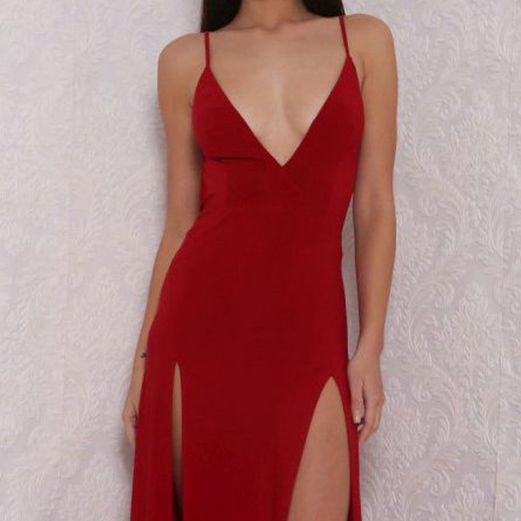 Long Prom Dresses, Jersey Prom Dresses, Spaghetti Straps Prom Dresses, V-Neck Evening Dresses, slit Prom Dresses , Floor-Length Prom Dress, Sexy Party Dress, LB0405