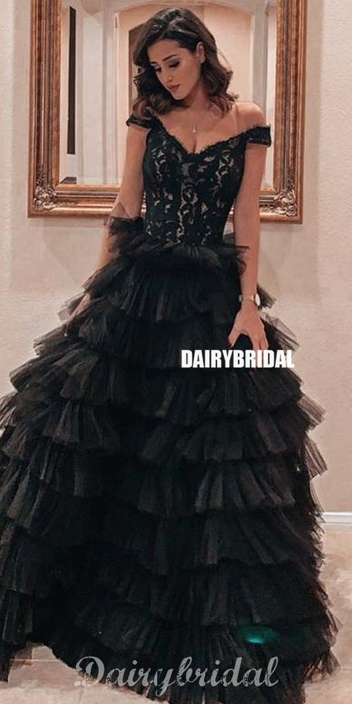 Black Lace Off Shoulder A-line Backless Tulle Prom Dresses, FC4216