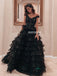 Black Lace Off Shoulder A-line Backless Tulle Prom Dresses, FC4216