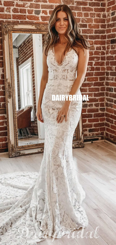 Stunning Mermaid Lace Sexy V-neck Sleeveless V-back Wedding Dresses, FC4358