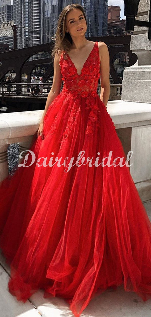 Red Charming A-line Tulle V-neck Sleeveless Appliques Prom Dresses, FC4471