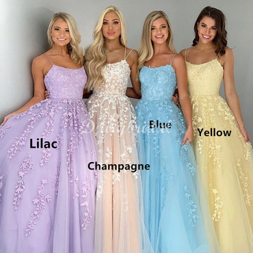 Strapghetti Straps A-line Lace Different Colors Cross Back Prom Dresses, FC4499