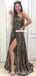 A-line One Shoulder Backless Beaded Slit Leopard Print Unique Prom Dresses, FC4562