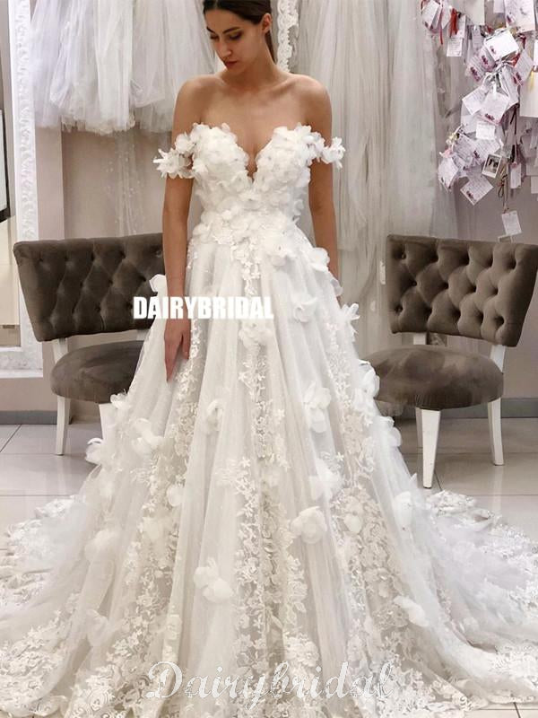 Honest A-line Off Shoulder Lace Backless Applique Wedding Dresses, FC4618