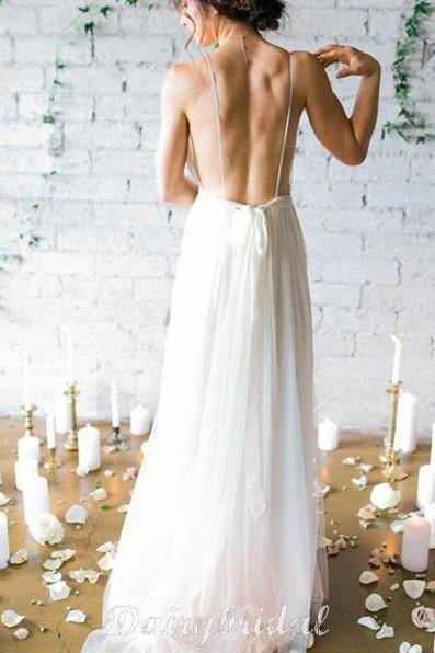 Long Chiffon A-Line Backless Floor-Length Deep V-Neck Beach Wedding Dress, LB0461