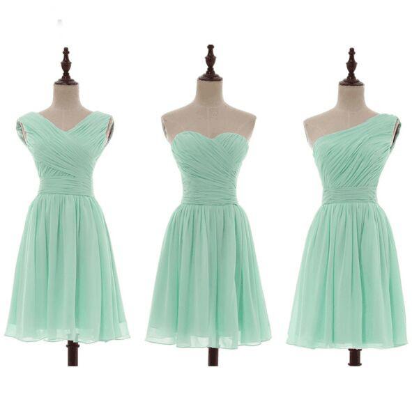 Mismatched Pleated Short Chiffon Bridesmaid Dress Mint Green 2017 Knee Length Wedding Bridesmaid Gowns,220047