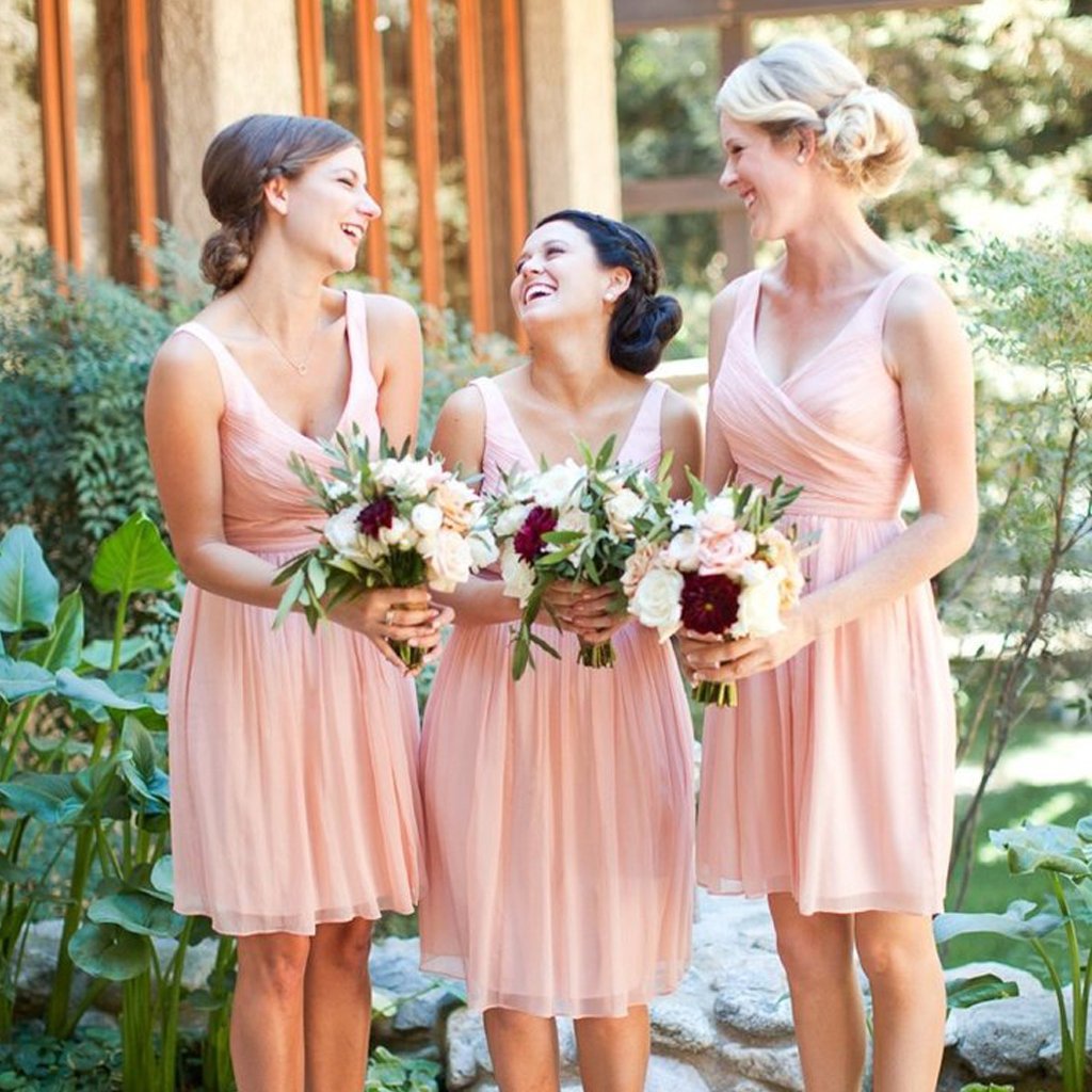 Short Bridesmaid Dress, Chiffon Bridesmaid Dress, Sleeveless Bridesmaid Dress, A-Line Bridesmaid Dress, V-Neck Bridesmaid Dress, Knee-Length Bridesmaid Dress, LB0483