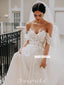 Off Shoulder Lace A-line Backless Tulle Long Wedding Dress, FC4855