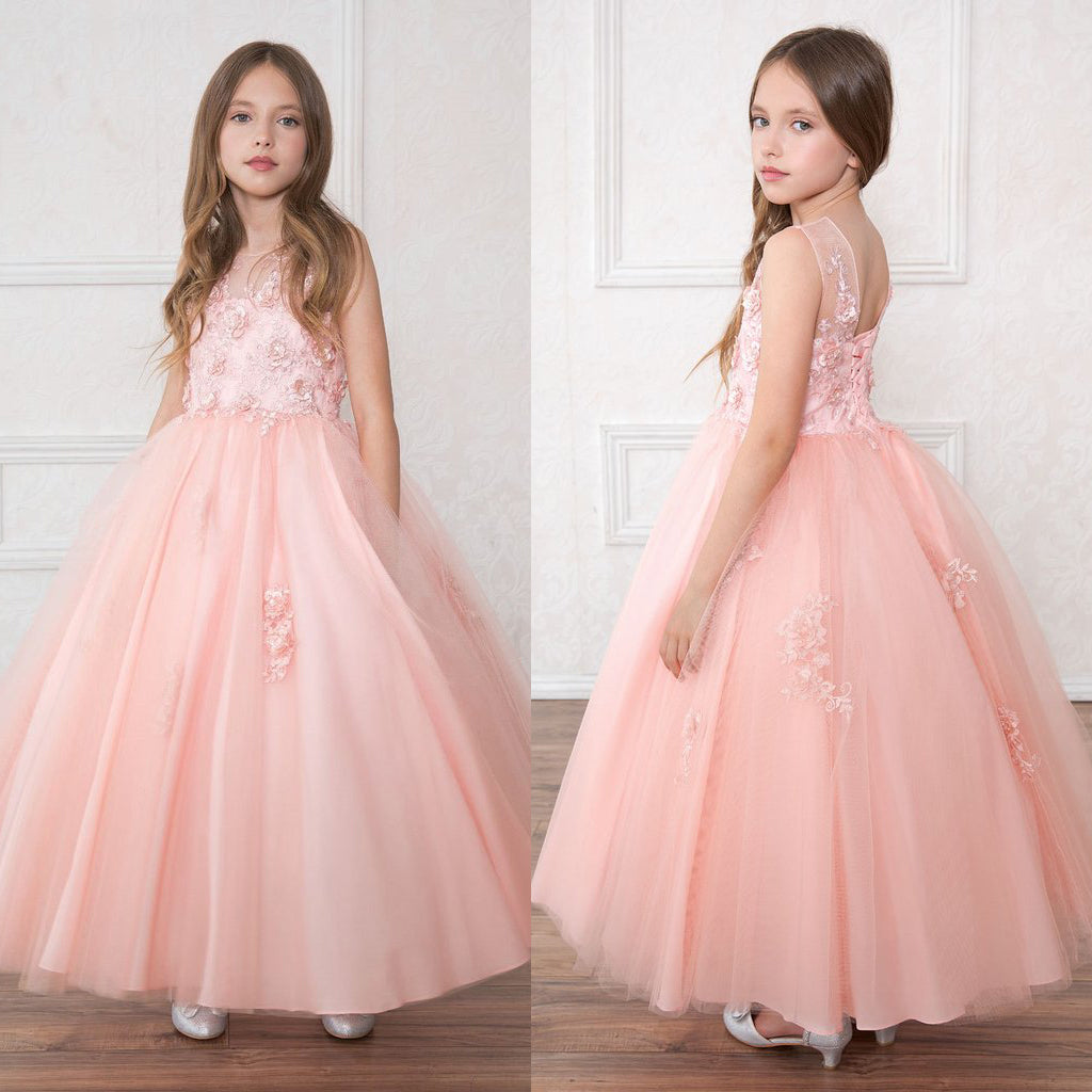 Tulle Applique Flower Girl Dresses, Round Neckline Flower Lovely Little Girl Dresses, D489